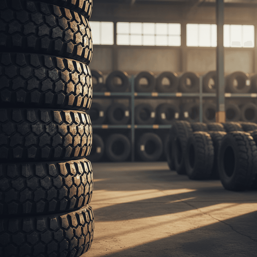 Stack of premium tires in distribution warehouse