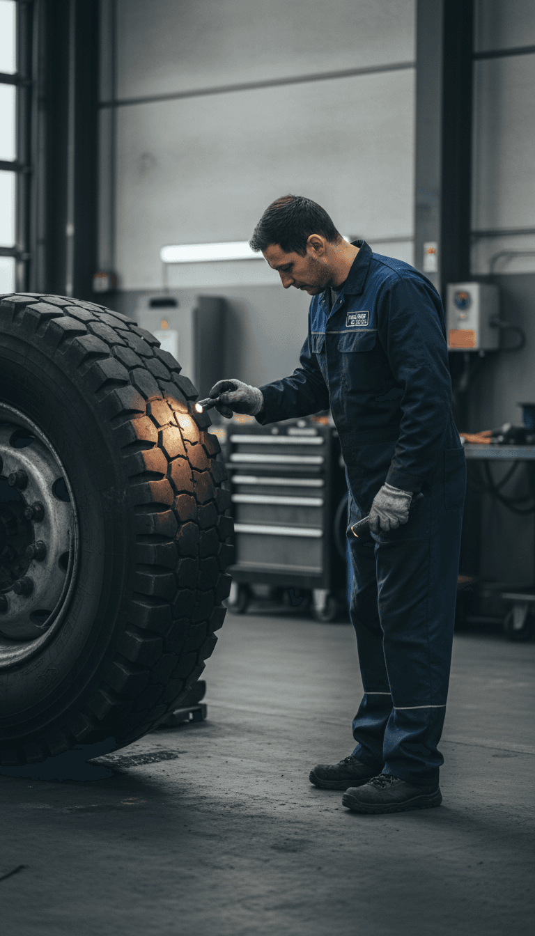 Technician inspecting truck tire for quality assurance