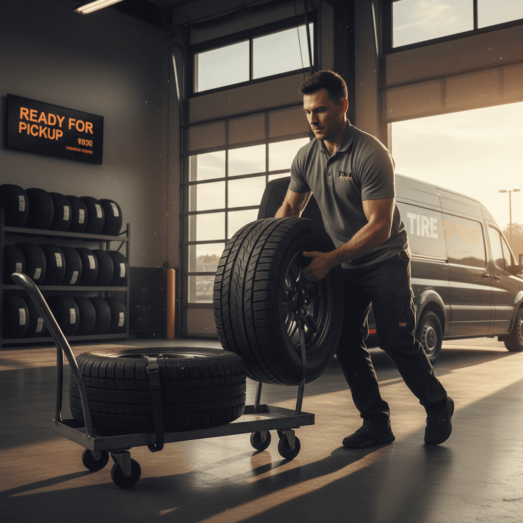 Team member preparing tires for customer delivery