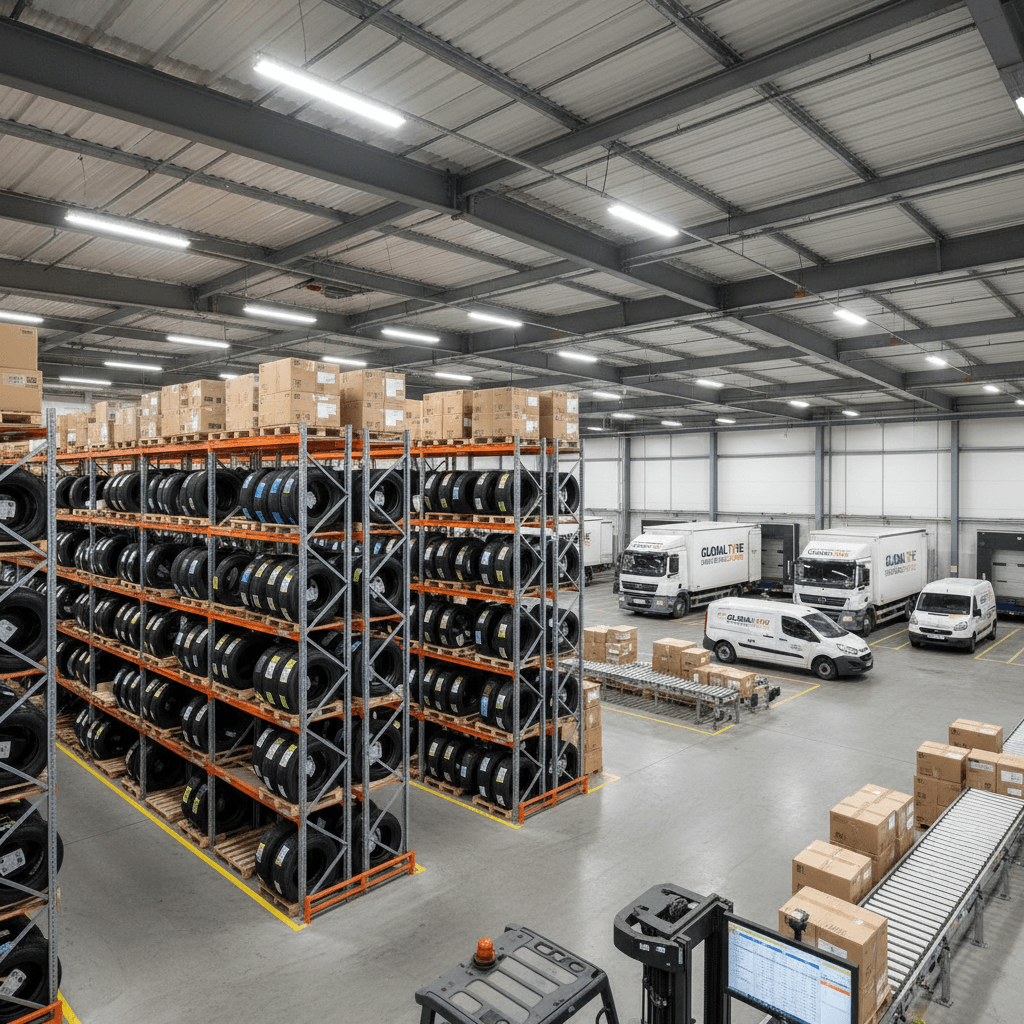 Fleet tire distribution center with organized inventory