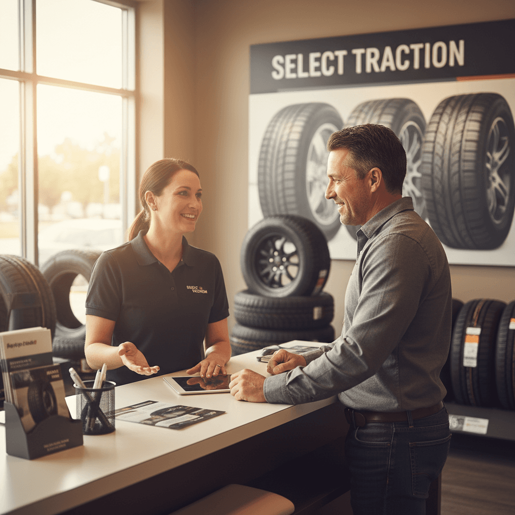 Tire specialist providing expert guidance to customer