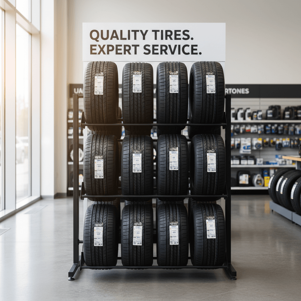 Passenger car tires on display at Saim Tires Distribution