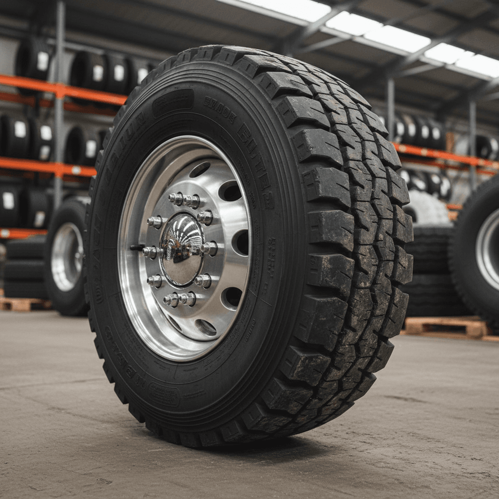 Stack of new truck tires in warehouse
