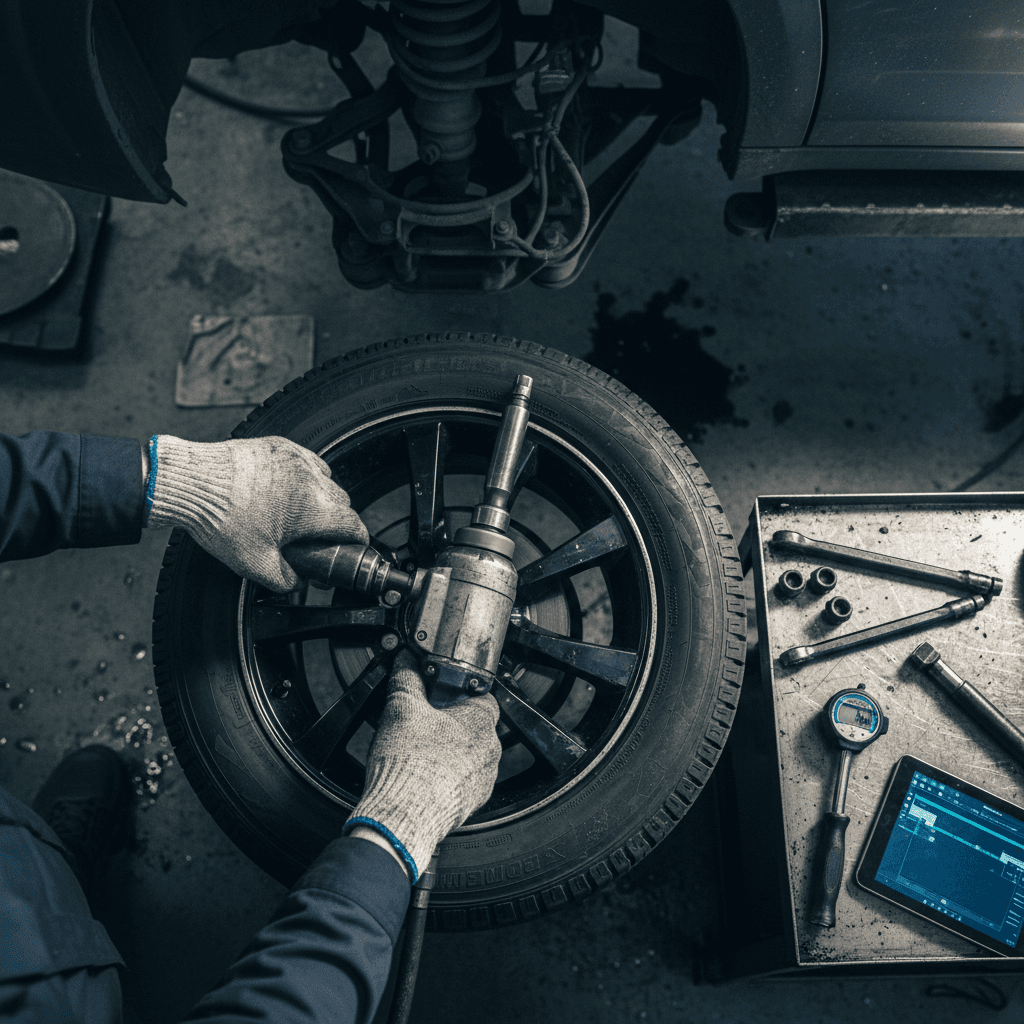 Close-up of premium truck tire with technician handling