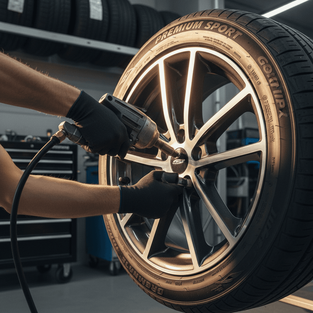 Professional technician installing tire on vehicle wheel