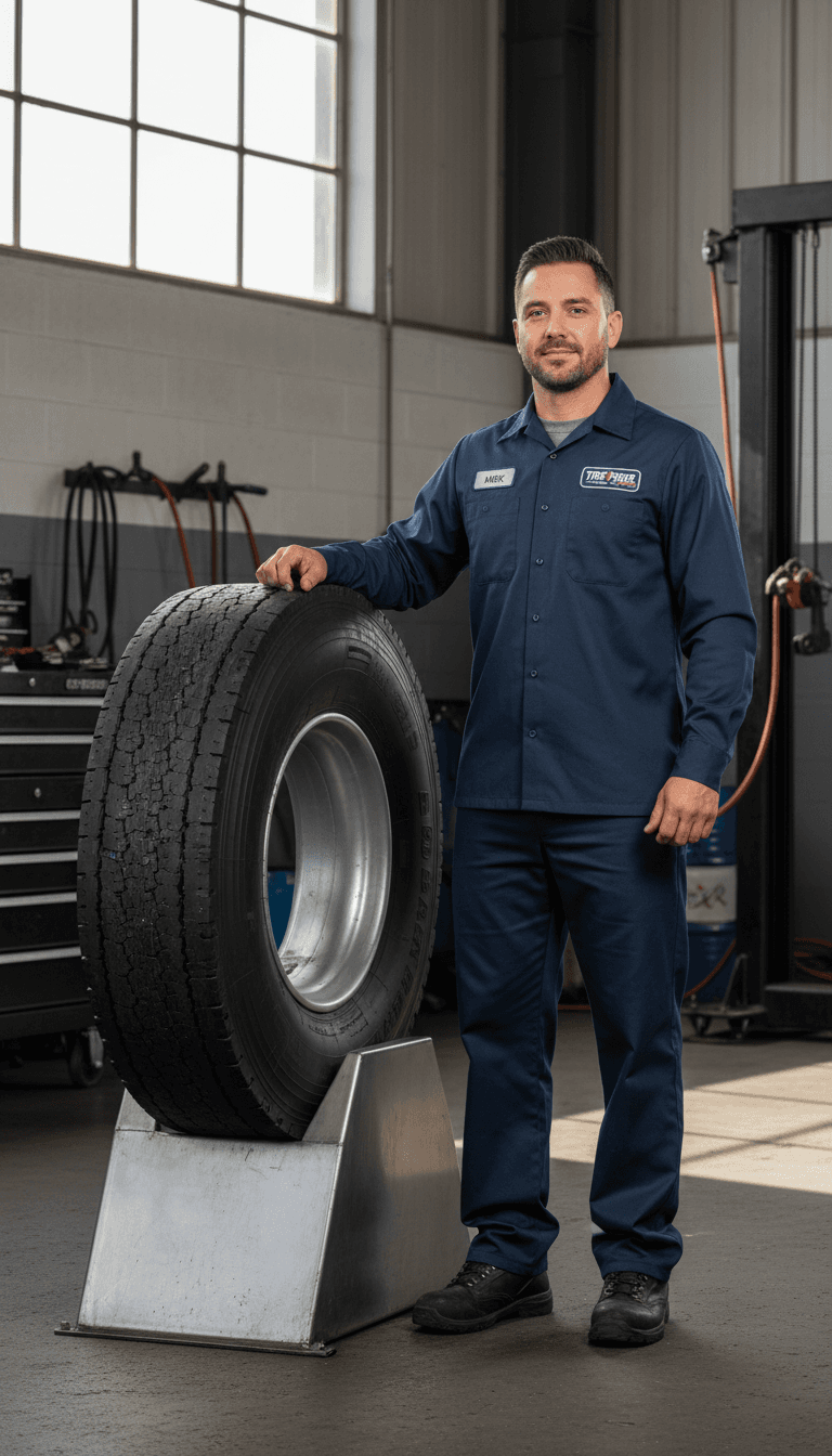Service technician displaying tire in front of commercial fleet vehicle