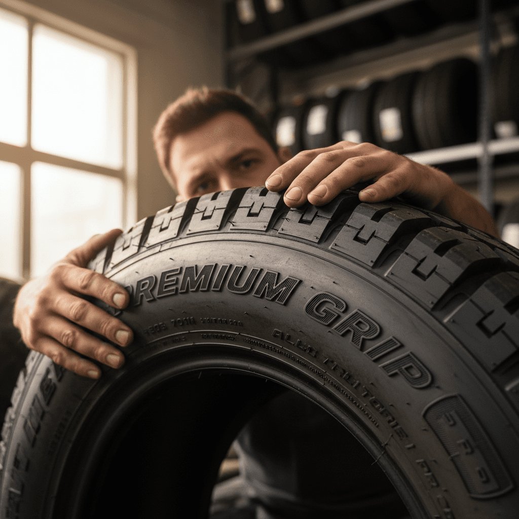 Close-up of tire inspection in warehouse