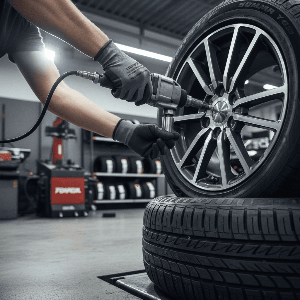 Technician measuring tire tread depth