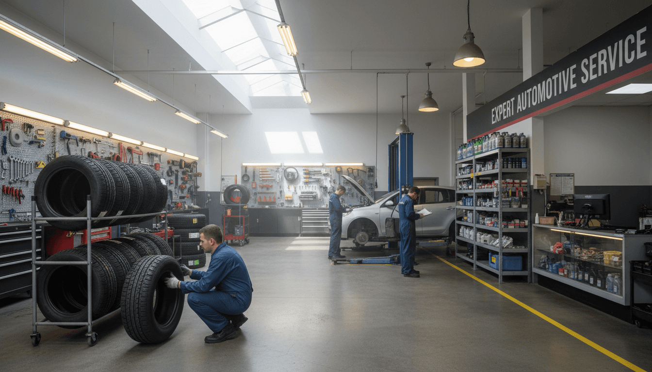 Efficient tire installation team completing same-day service